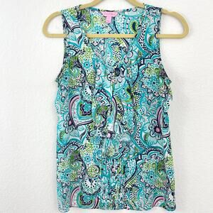 Lilly Pulitzer Aqua Multi Paisley Ruffle Tank Top
